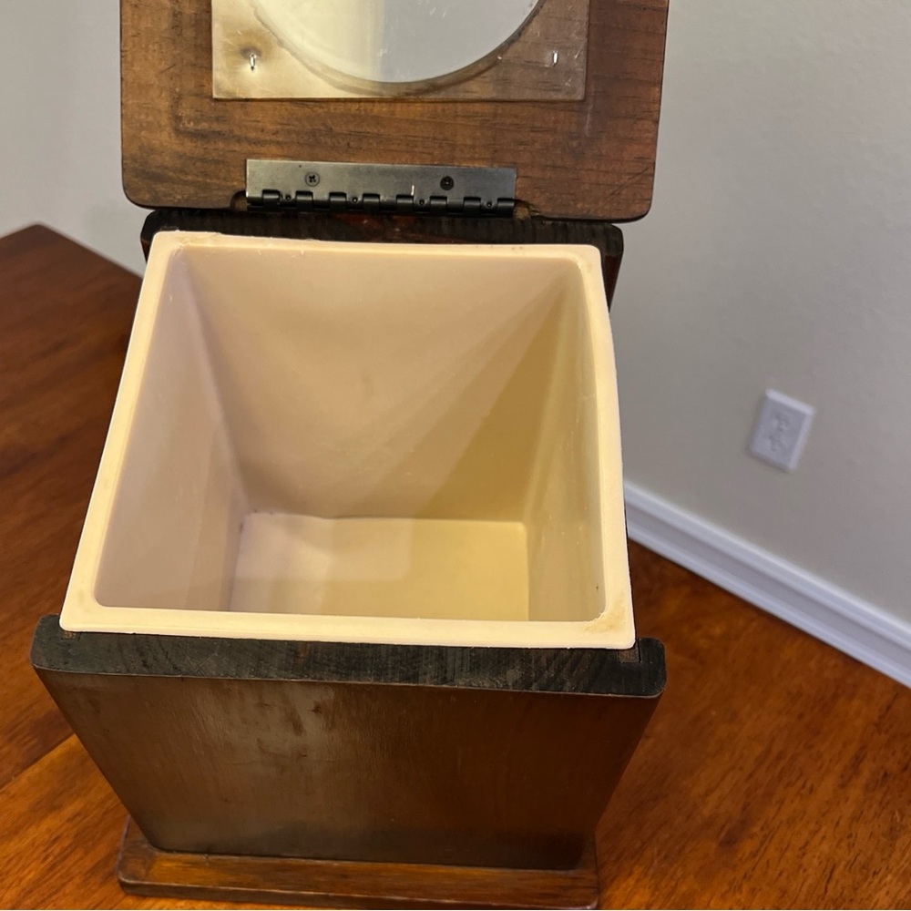 VTG Handmade Wood Canister Hinged Lid Plastic Insert Bin Slanted View Hole FOOD - Picture 5 of 10